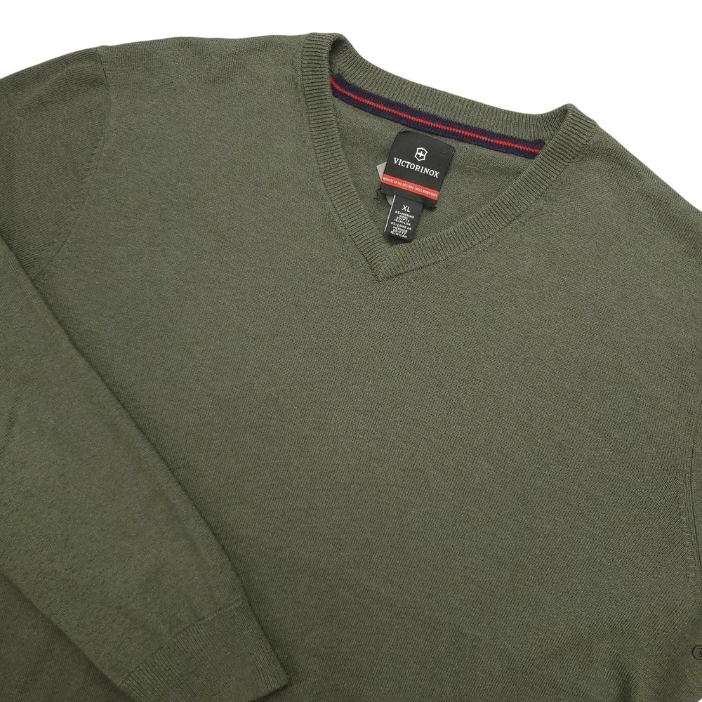 Victorinox Sweater Mens XL Green Merino Wool Blend V Neck Knit Pullover Solid